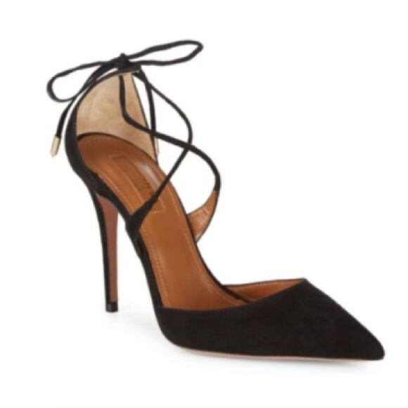 Aquazzura Matilde Crisscross Tie Back Pointed Toe Red Suede Pump. Size 37.5. - Picture 1 of 7